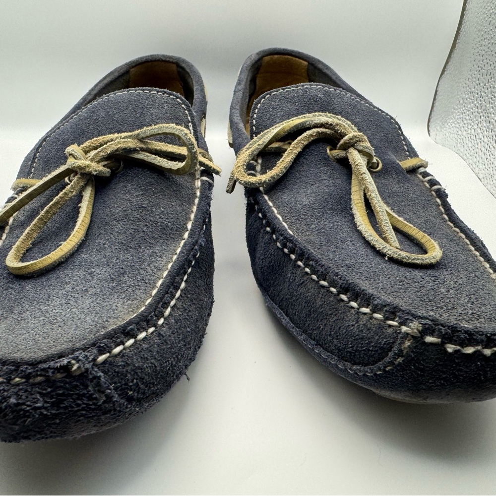 Stylish Cole Haan Men's Size 9 Loafers in Navy Blue suede with tan laces.